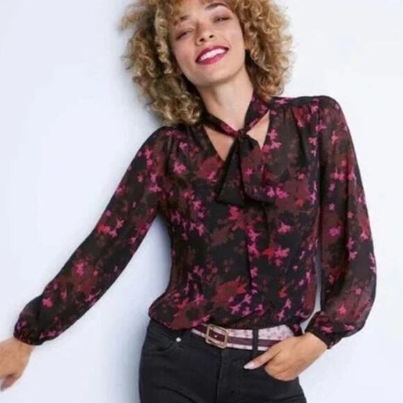 CAbi Tops - CAbi Candlelight Black Pink Floral Sheer Neck Tie Top Blouse Modest Dark Goth